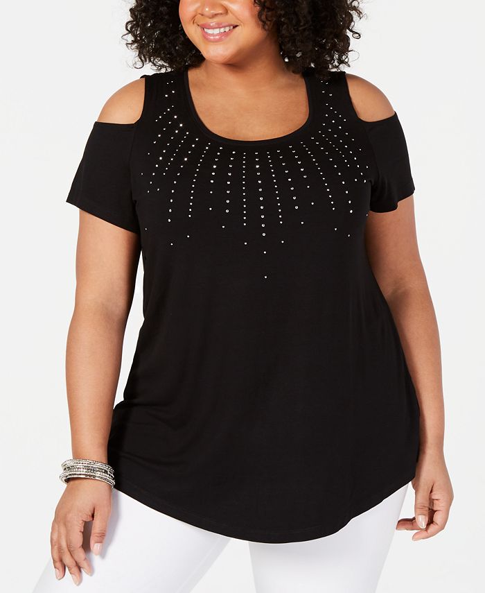 JM Collection Plus Size Embellished Cold-Shoulder Top