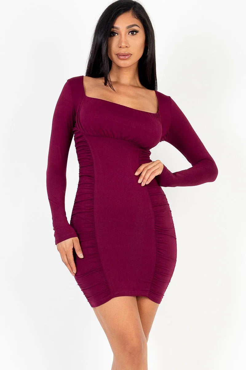 U-neck long sleeve ruched bodycon mini dress – Shoppers Galore