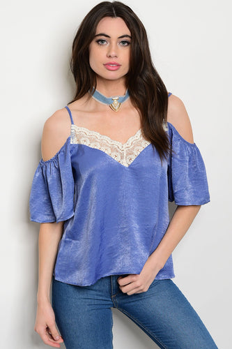 Love J Light Blue Satin Cold Shoulder Top