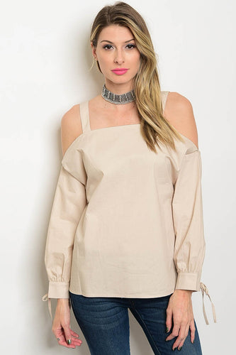 Loveriche Cold Shoulder Taupe Poplin Top