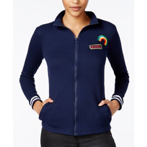 Almost Famous Juniors Zip-Up Emoji Patch Top Navy L