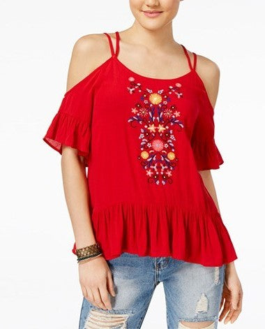 Almost Famous Juniors Embroidered Cold-Shoulder Top