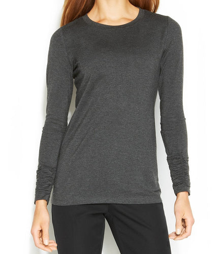 Alfani NEW Gray Women's Crewneck Long-Sleeve Ruched Knit Top XL