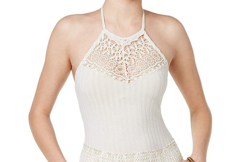 American Rag Women's Crochet-Inset Bodysuit Oatmeal