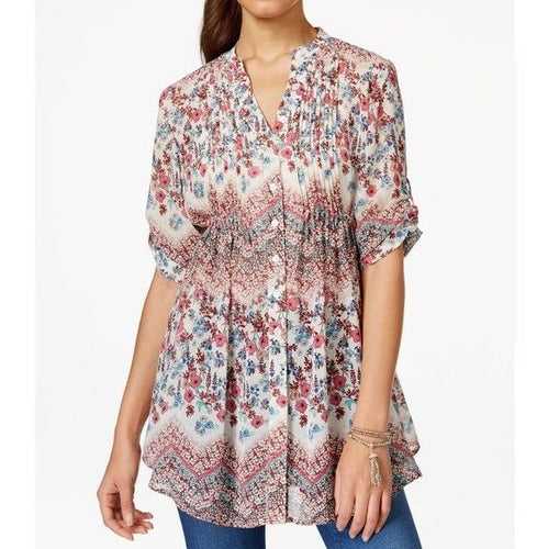 American Rag Printed Pintucked Three-Quarter Sleeve Tunic Top XSmall