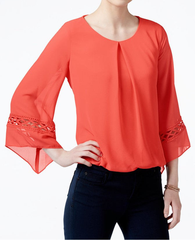 BCX Juniors Lattice-Sleeve Bubble-Hem Blouse X-Small