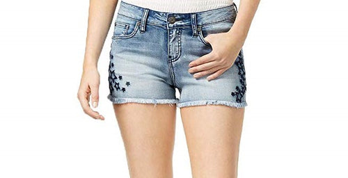 Blue Desire Juniors Star Embroidered Raw-Edge Denim Shorts